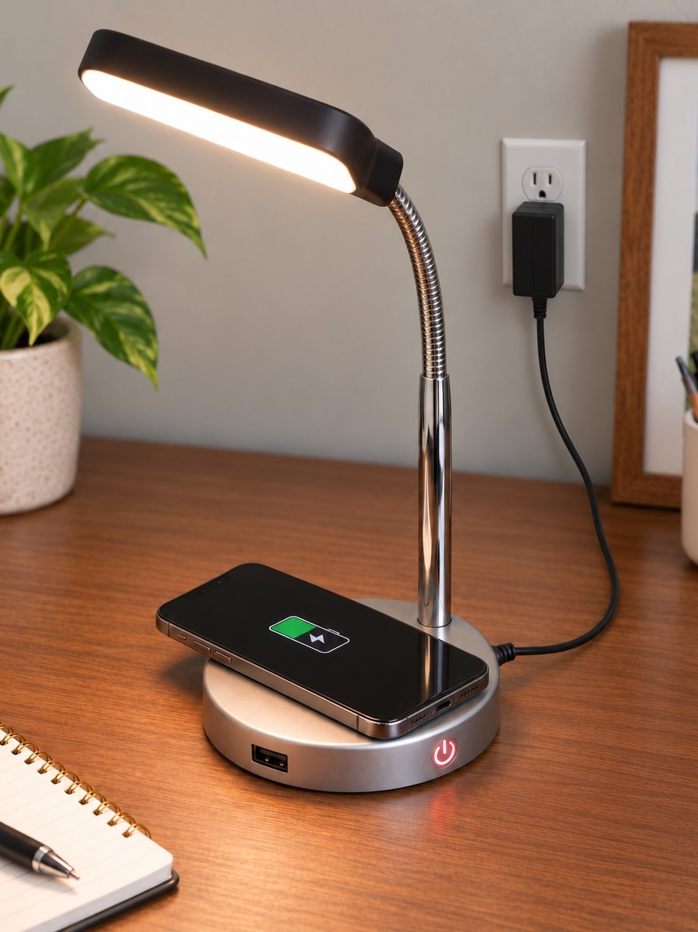 Adjustable LED Reading Lamp with Wireless Charging - Black and Silver